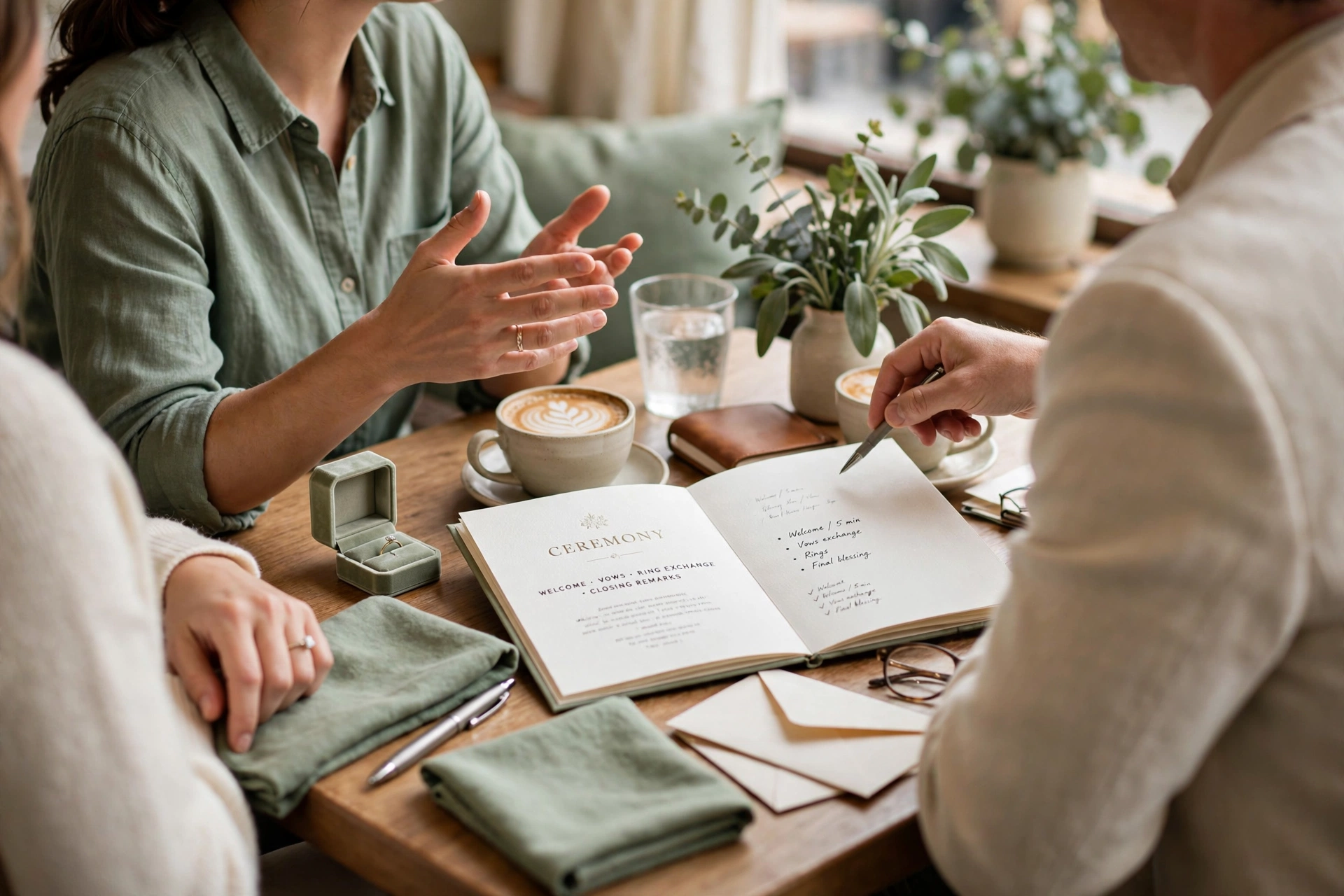 Couple meeting a wedding officiant to discuss their ceremony