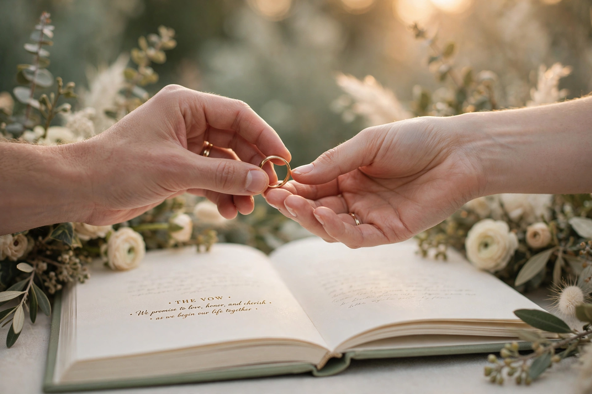 Couple exchanging wedding rings over an open ceremony book