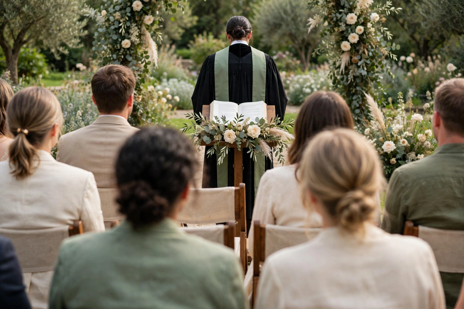 Wedding officiant at a lectern during an outdoor ceremony